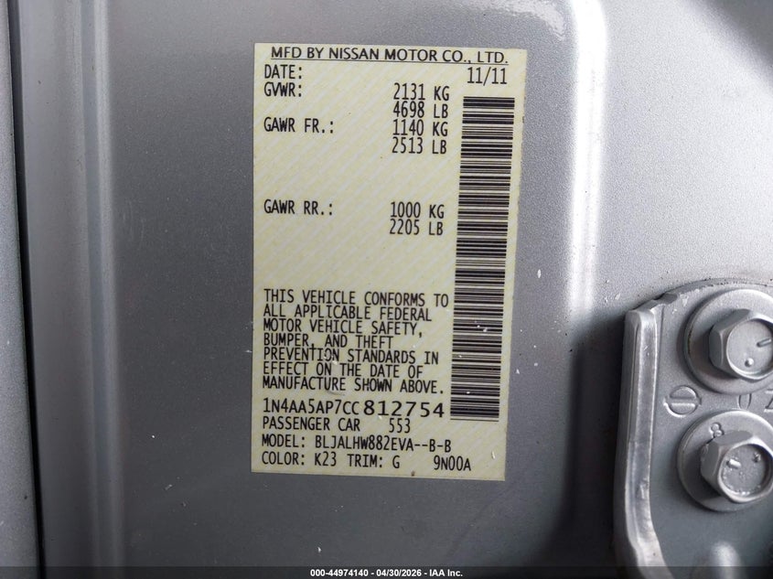 2012 Nissan Maxima 3.5 3.5 Sv silver Lot 111044974140 Vin 1N4AA5AP7CC812754
