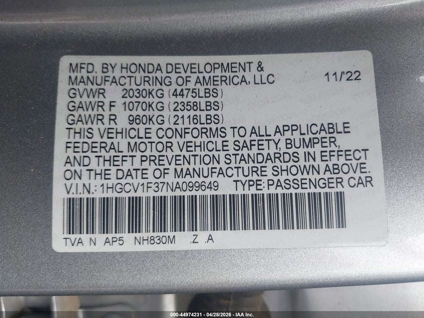 VIN 1HGCV1F37NA099649 2022 HONDA ACCORD SPORT