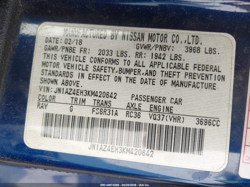 2019 Nissan 370Z VIN: JN1AZ4EH3KM420642 Lot: 44974386