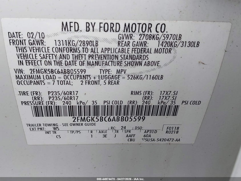 2010 Ford Flex 3.5 Se white Lot 111044974470 Vin 2FMGK5BC6ABB05599