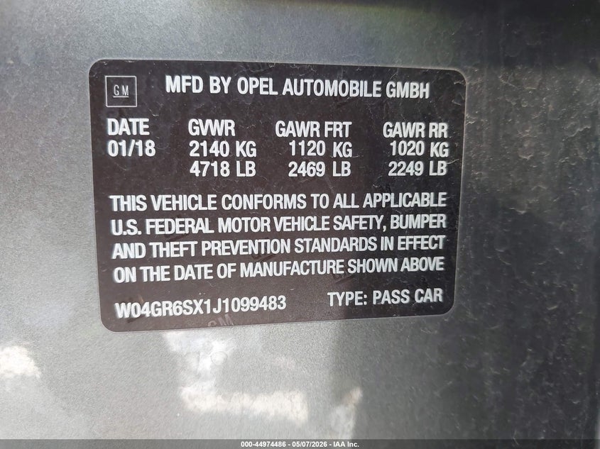 2018 Buick Regal Sportback Essence VIN: W04GR6SX1J1099483 Lot: 44974486