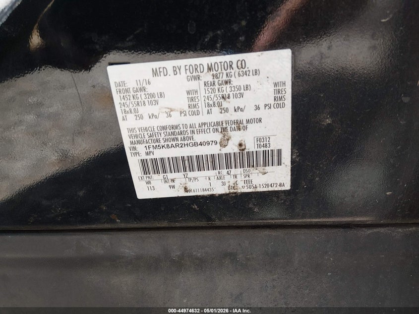 Vin: 1fm5k8ar2hgb40979, lot: 45472055, ford utility police interceptor 20174