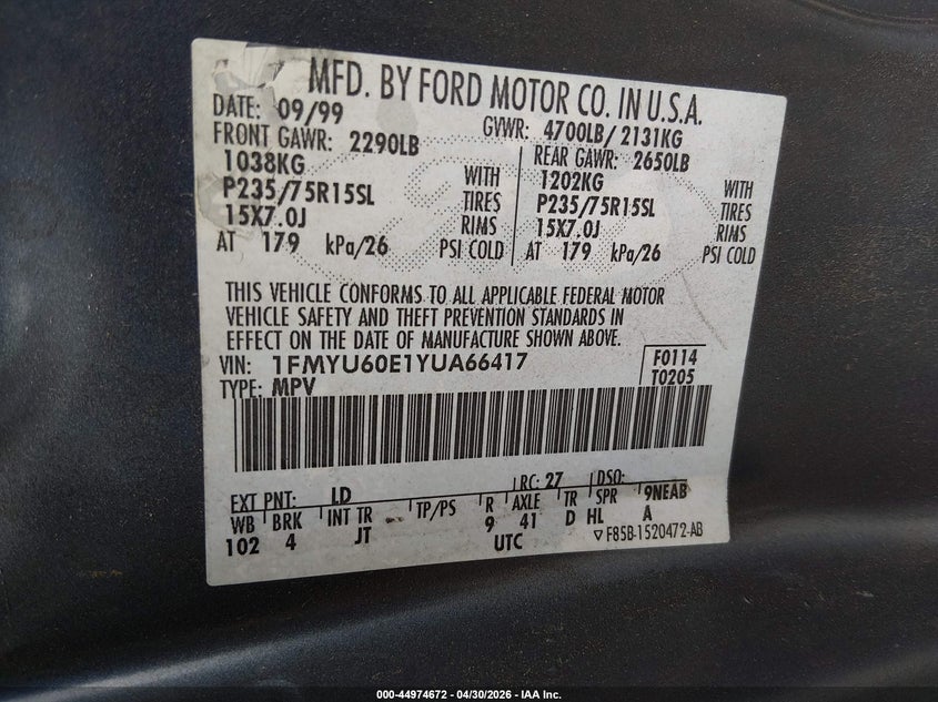 2000 Ford Explorer Sport VIN: 1FMYU60E1YUA66417 Lot: 44974672