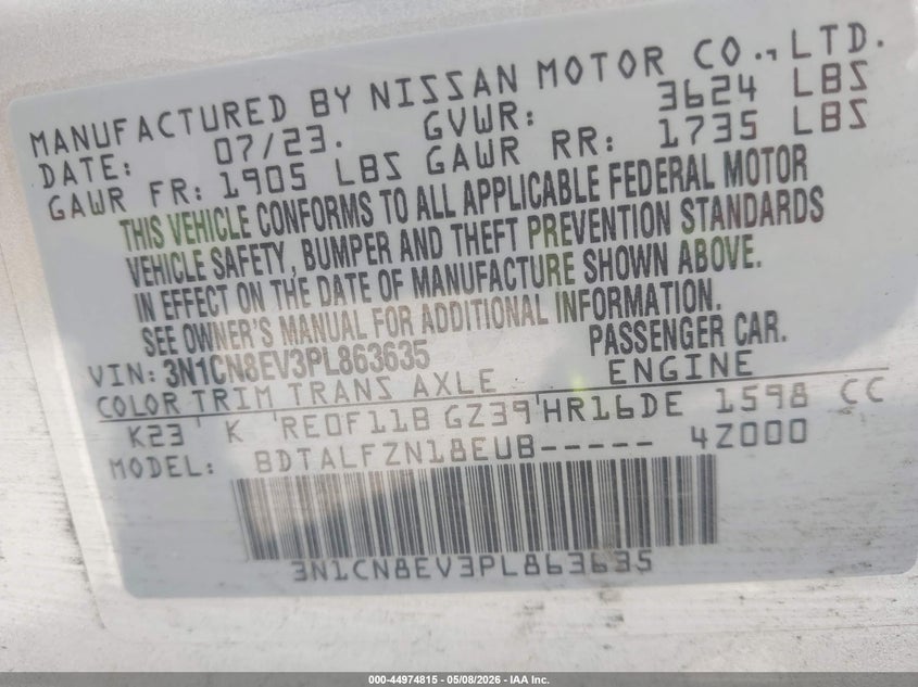 2023 NISSAN VERSA SEDAN 1.6L I-4 DOHC, VVT, 122HP