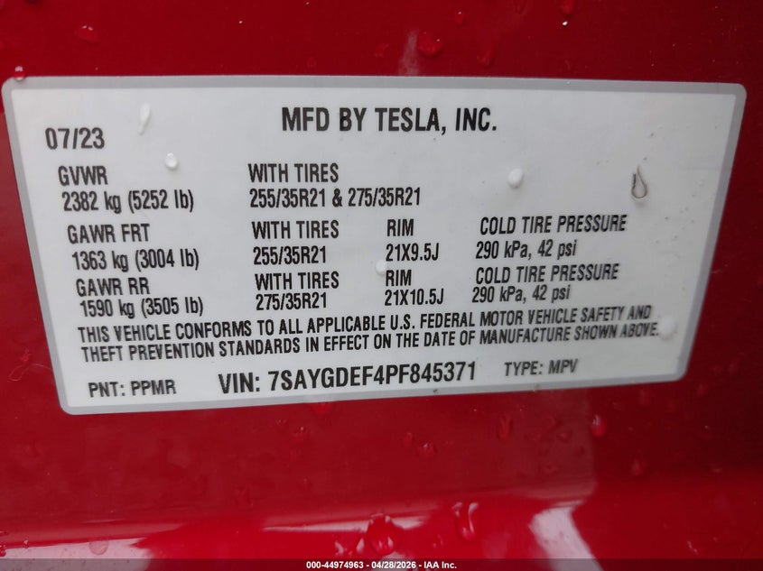 TESLA MODEL Y 2023 VIN 7SAYGDEF4PF845371