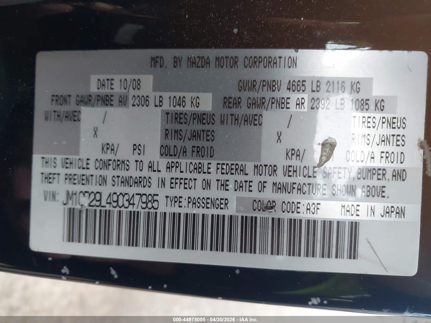 2009 Mazda Mazda5 Sport VIN: JM1CR29L490347985 Lot: 44975005
