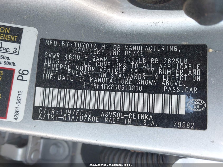 TOYOTA CAMRY 2016 VIN 4T1BF1FK8GU610300