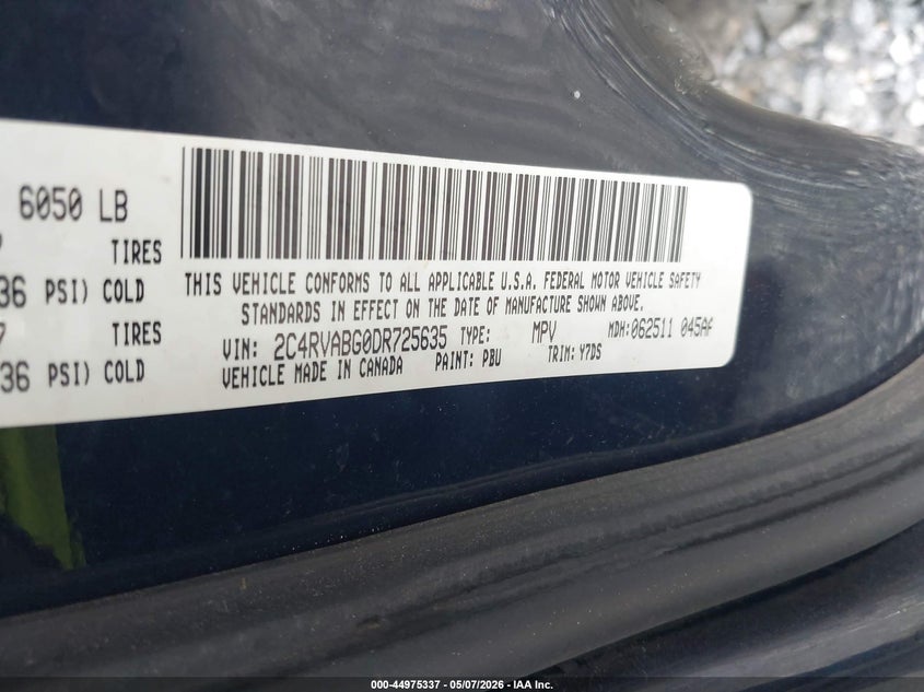 2013 Volkswagen Routan Se VIN: 2C4RVABG0DR725635 Lot: 44975337