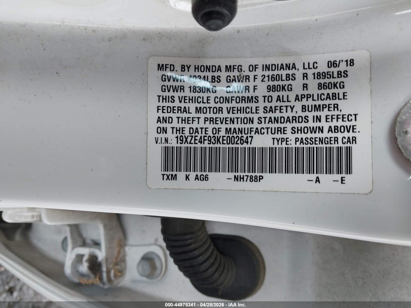 HONDA INSIGHT 2019 VIN 19XZE4F93KE002647
