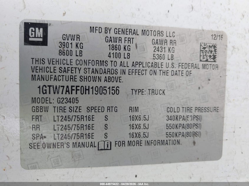 2017 GMC Savana 2500 Work Van VIN: 1GTW7AFF0H1905156 Lot: 44975422