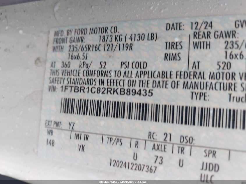 FORD TRANSIT-250 2024 VIN 1FTBR1C82RKB89435