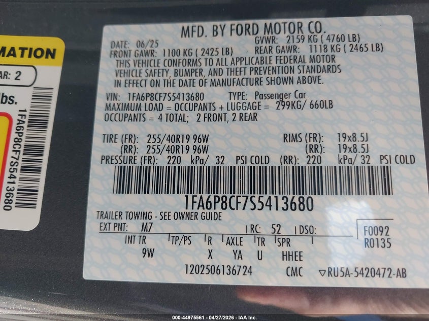 VIN 1FA6P8CF7S5413680 2025 FORD MUSTANG GT PREMIUM FASTBACK