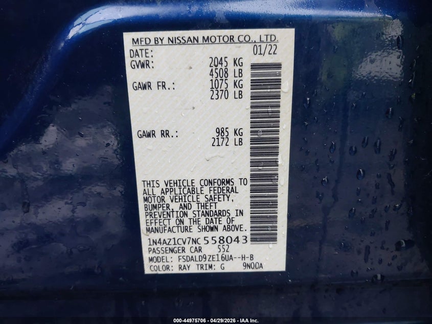 2022 Nissan Leaf Sv 40 Kwh VIN: 1N4AZ1CV7NC558043 Lot: 44975706