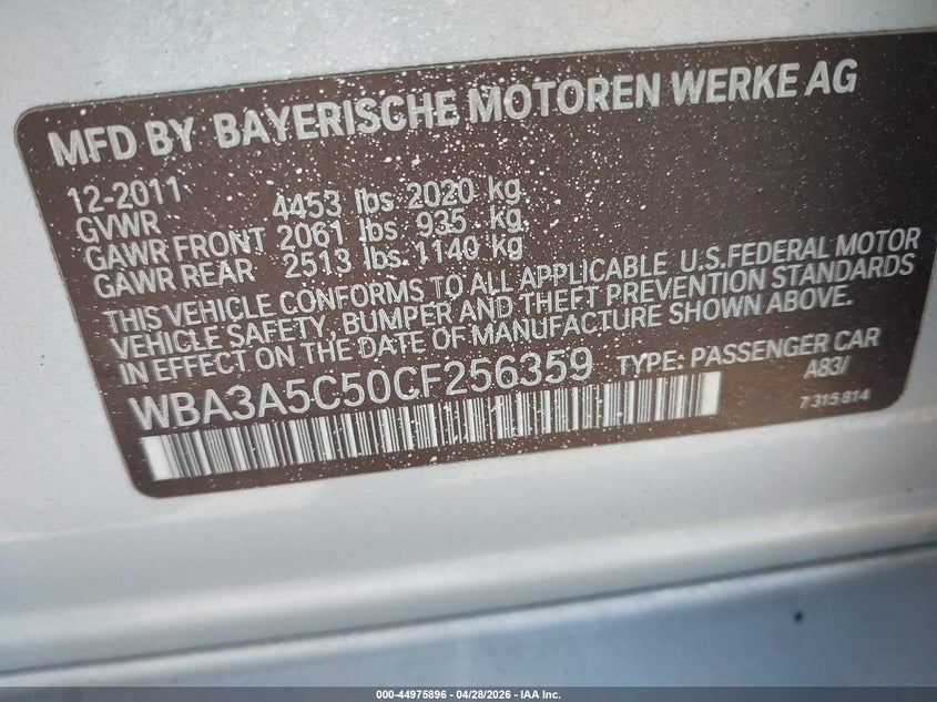 2012 BMW 3er 2.0 328I silver Lot 111044975896 Vin WBA3A5C50CF256359