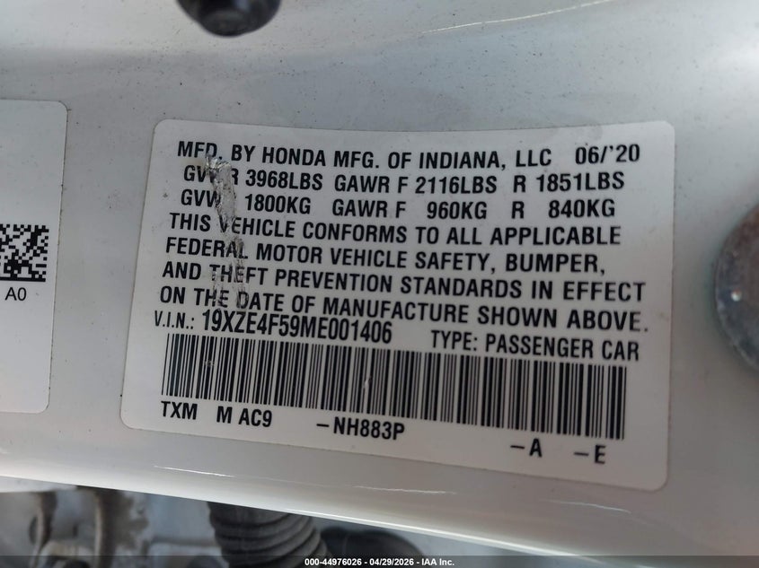 2021 Honda Insight Ex VIN: 19XZE4F59ME001406 Lot: 44976026