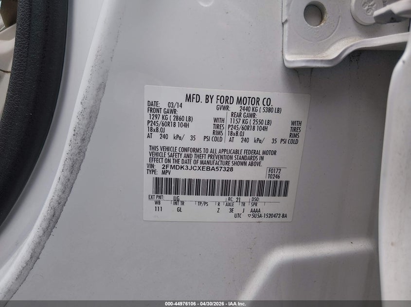 2014 Ford Edge Sel VIN: 2FMDK3JCXEBA57328 Lot: 44976106