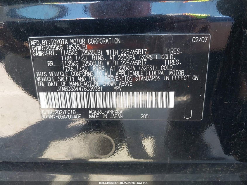 2007 TOYOTA RAV 4 SPORT UTILITY VEHICLE 2.4L I-4 DOHC, VVT, 166HP