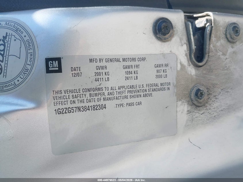 2008 Pontiac G6 VIN: 1G2ZG57N384182304 Lot: 44976523