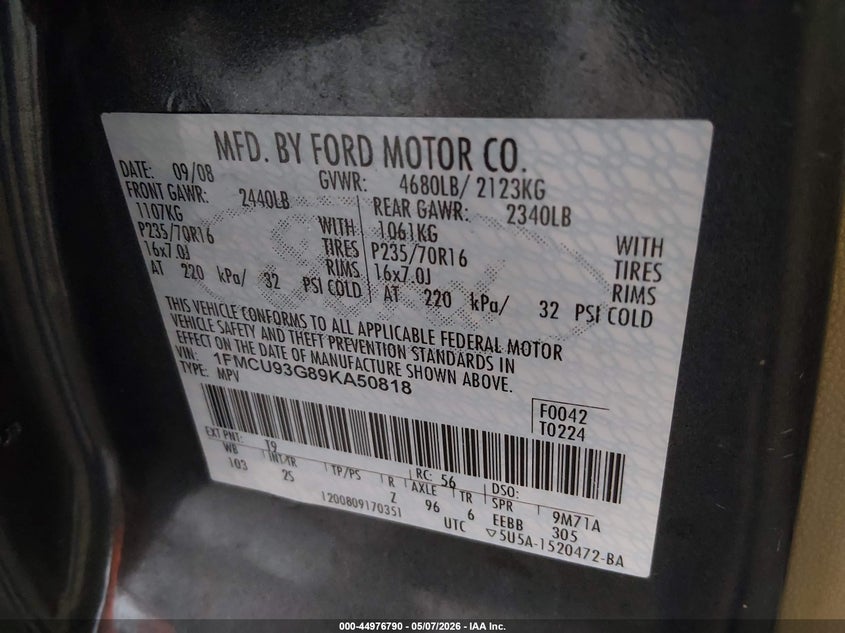 2009 FORD ESCAPE SPORT UTILITY VEHICLE 3.0L V-6 DOHC, VVT, 240HP