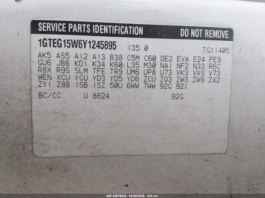 2000 GMC Savana Standard VIN: 1GTEG15W6Y1245895 Lot: 44976920