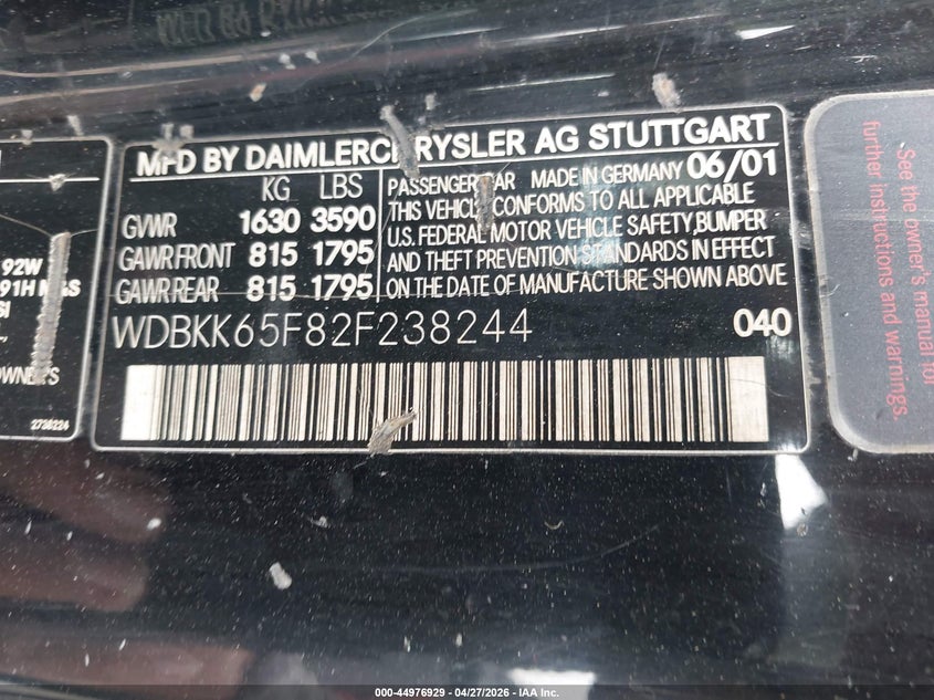 2002 Mercedes-Benz Slk 320 VIN: WDBKK65F82F238244 Lot: 44976929
