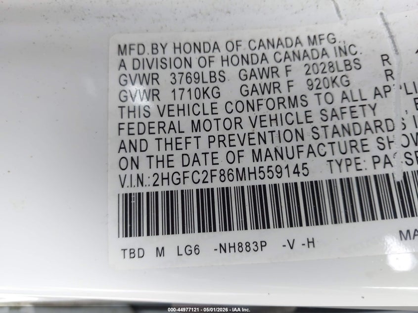 2021 HONDA CIVIC SEDAN 2.0L I-4 DOHC, VVT, 158HP
