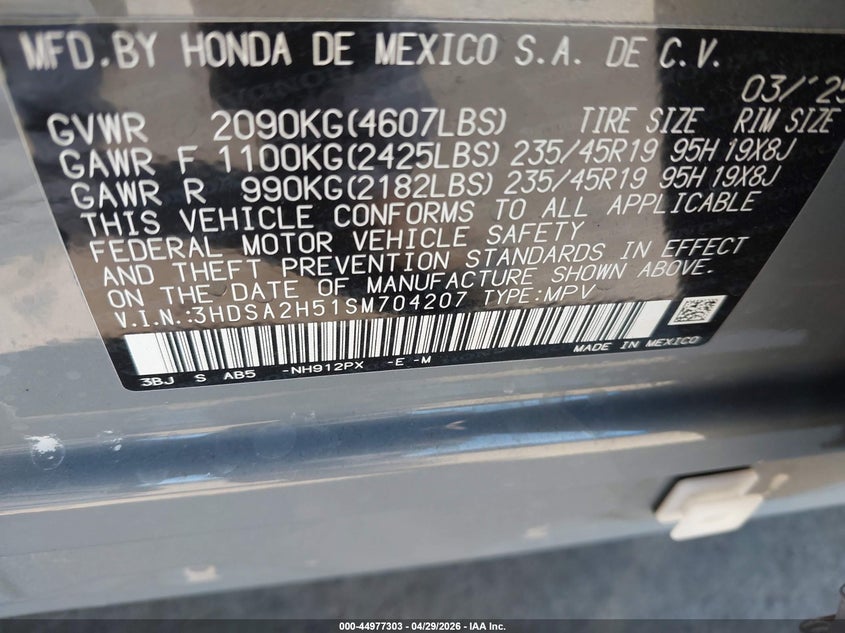 2025 Acura Adx A-Spec VIN: 3HDSA2H51SM704207 Lot: 44977303