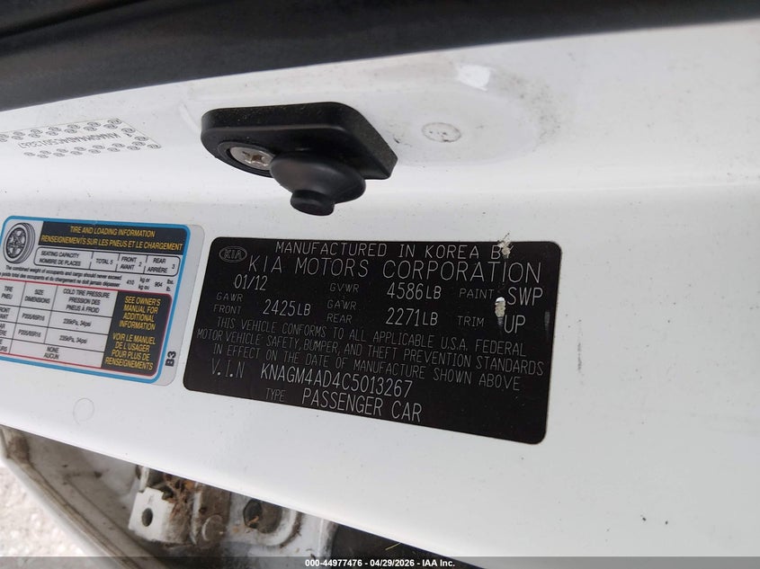2012 Kia Optima 2.4 Hybrid Ex white Lot 111044977476 Vin KNAGM4AD4C5013267