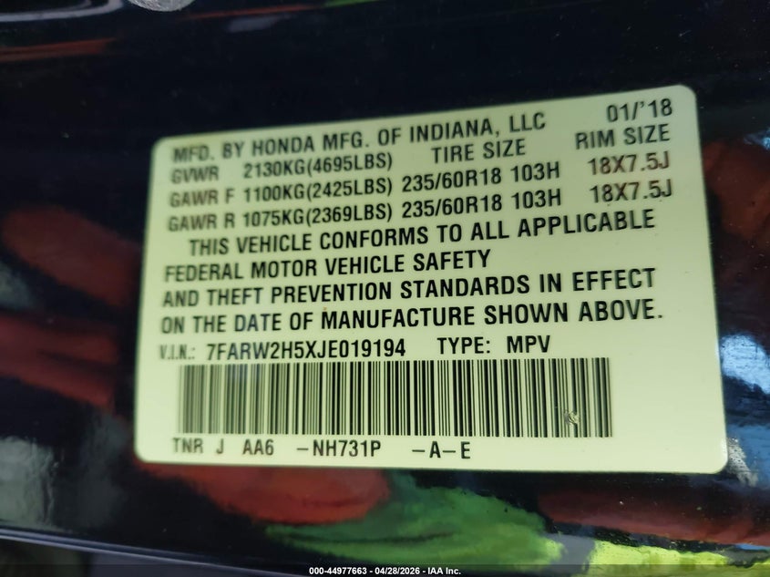 VIN 7FARW2H5XJE019194 2018 HONDA CR-V EX