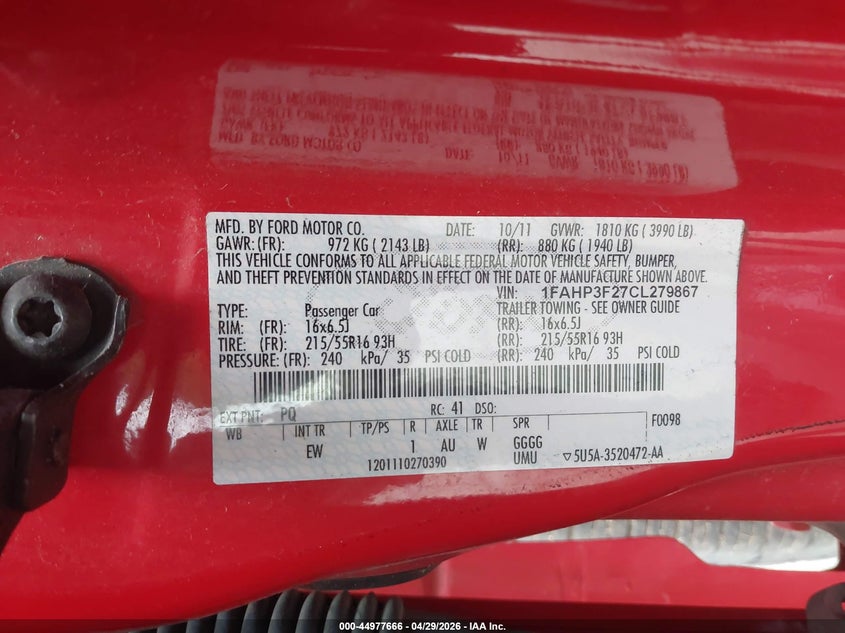 2012 Ford Focus 2.0 Se red Lot 111044977666 Vin 1FAHP3F27CL279867