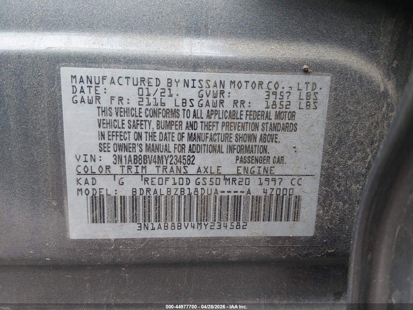 VIN 3N1AB8BV4MY234582 2021 NISSAN SENTRA S XTRONIC CVT