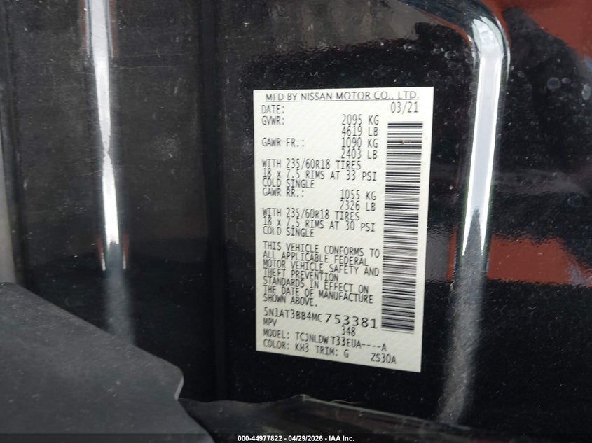 2021 NISSAN ROGUE 2.5L I-4 DI, DOHC, V(VIN: 5N1AT3BB4MC753381