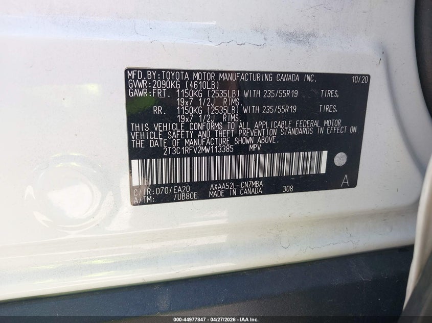 VIN 2T3C1RFV2MW113385 2021 TOYOTA RAV4 XLE PREMIUM