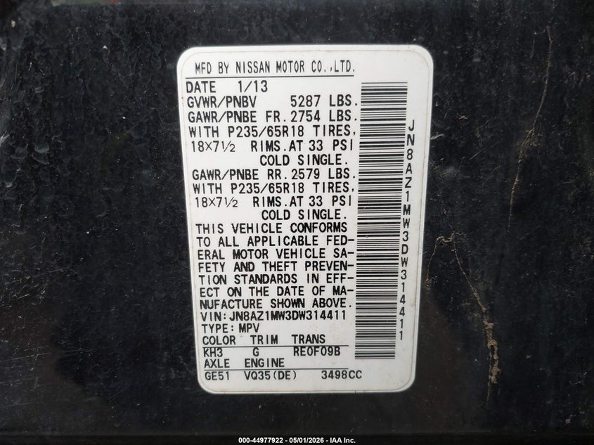 2013 Nissan Murano S VIN: JN8AZ1MW3DW314411 Lot: 44977922
