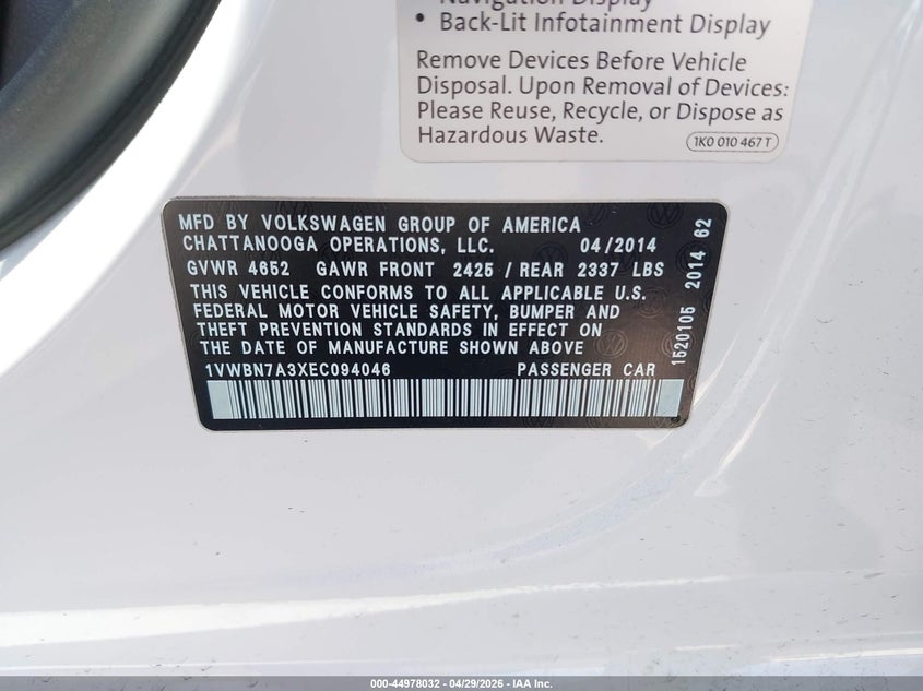 2014 VOLKSWAGEN PASSAT SEDAN 2.0L I-4 DI, DOHC, TURBO, 140HP