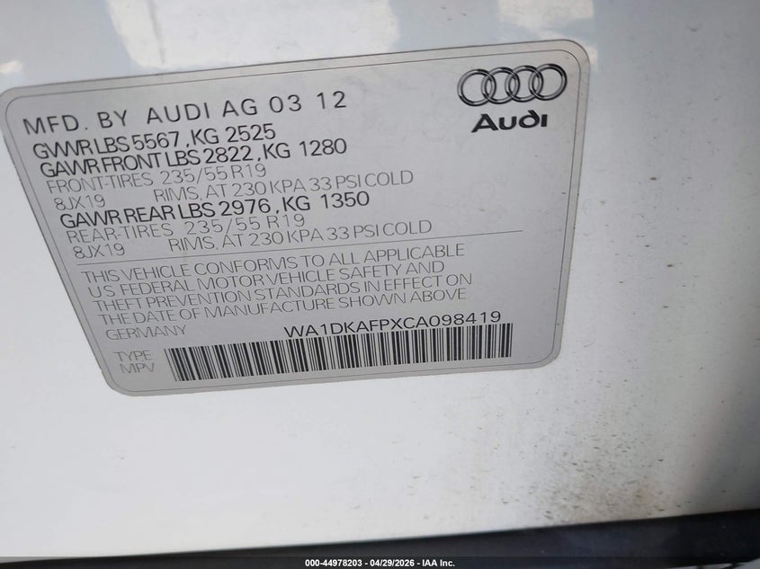 2012 Audi Q5 3.2 3.2 Premium Plus white Lot 111044978203 Vin WA1DKAFPXCA098419