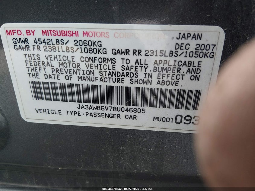2008 Mitsubishi Lancer Evolution Gsr VIN: JA3AW86V78U046805 Lot: 44978242
