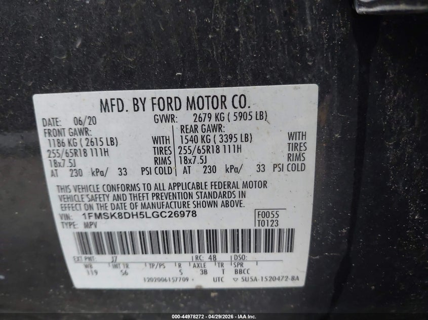 VIN 1FMSK8DH5LGC26978 2020 FORD EXPLORER XLT
