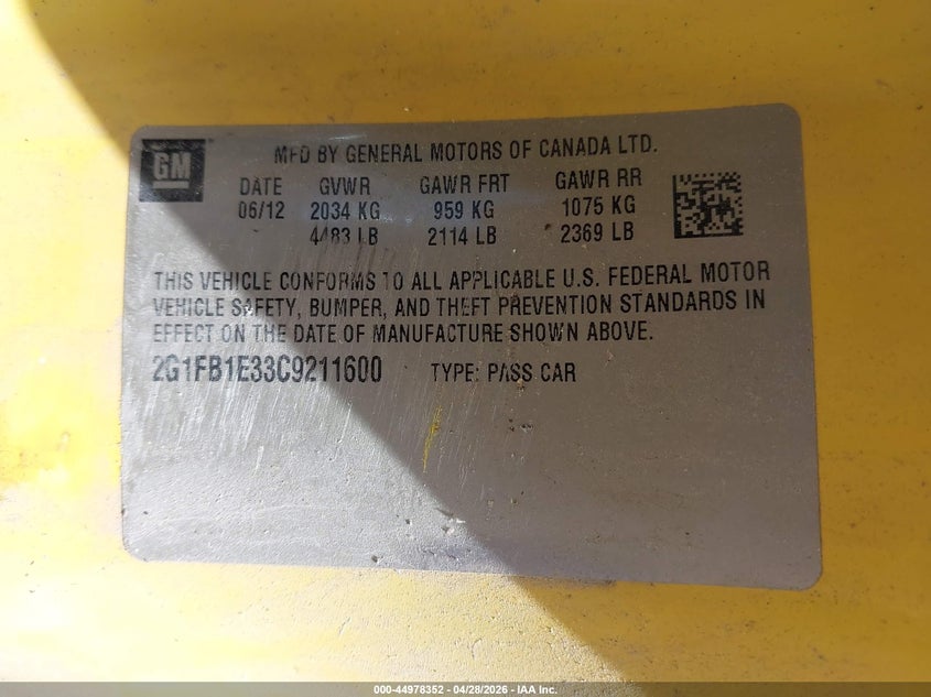 2012 Chevrolet Camaro 3.6 1Lt yellow Lot 111044978352 Vin 2G1FB1E33C9211600