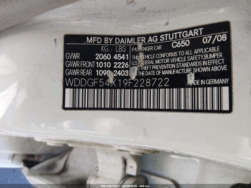 2009 Mercedes-Benz C 300 Sport VIN: WDDGF54X19F228722 Lot: 44978637