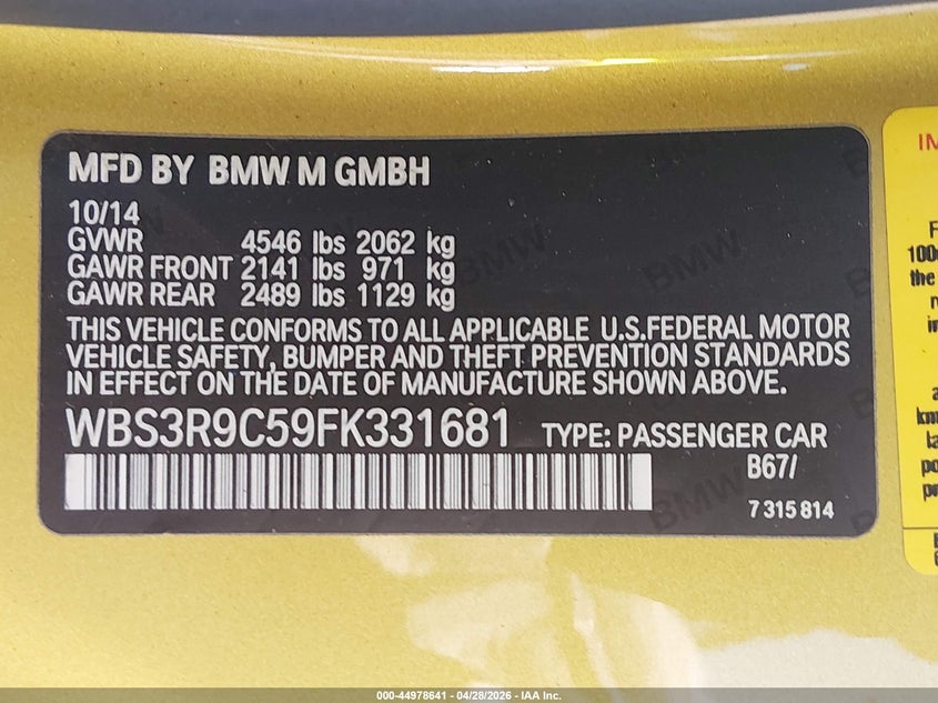 2015 BMW M4 VIN: WBS3R9C59FK331681 Lot: 44978641