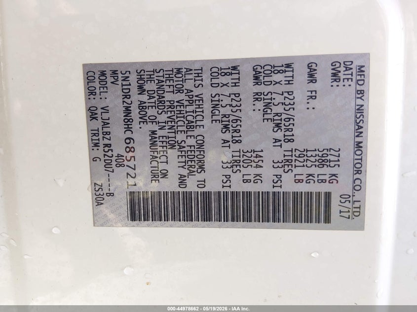 VIN 5N1DR2MN8HC685721 2017 NISSAN PATHFINDER S