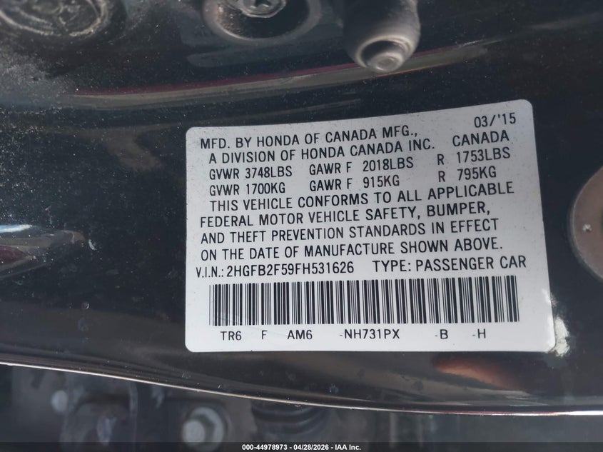2015 HONDA CIVIC SEDAN 1.8L I-4 VVT, 143HP