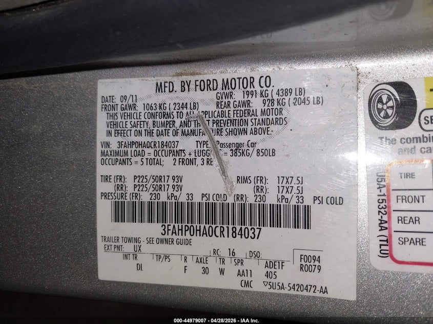 2012 FORD FUSION SEDAN 2.5L I-4 DOHC, VVT, 175HP