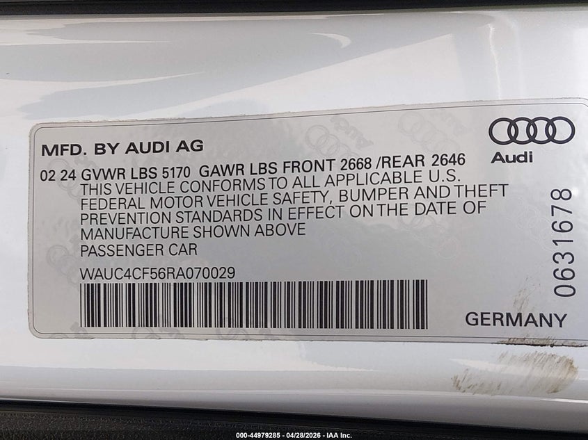 2024 Audi S5 Sportback Premium Plus Tfsi Quattro Tiptronic VIN: WAUC4CF56RA070029 Lot: 44979285