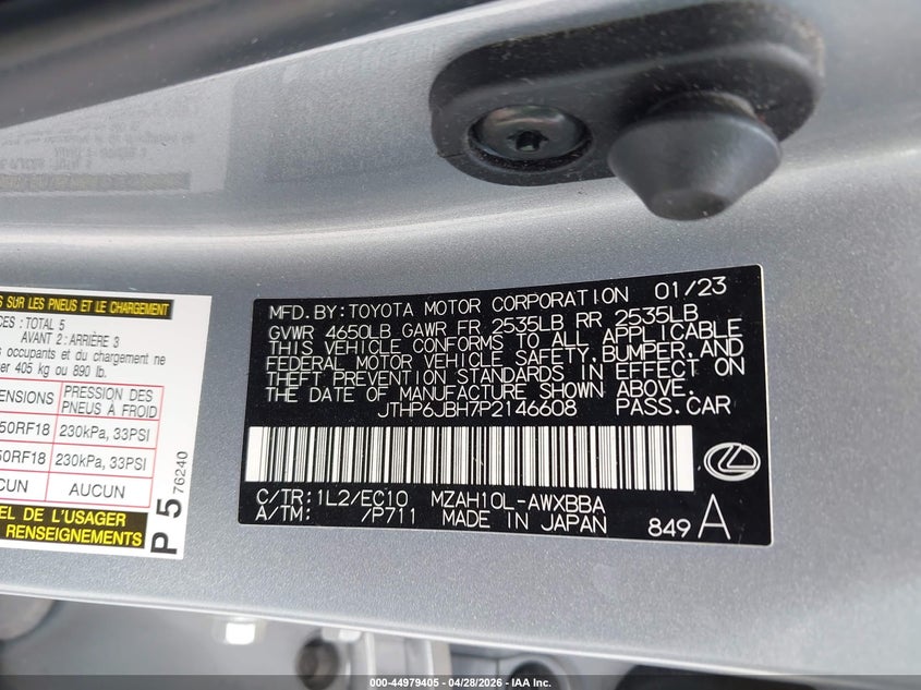 2023 Lexus Ux 250H Premium VIN: JTHP6JBH7P2146608 Lot: 44979405