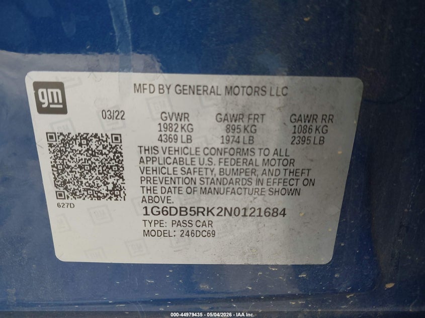 2022 Cadillac Ct4 Premium Luxury VIN: 1G6DB5RK2N0121684 Lot: 44979435