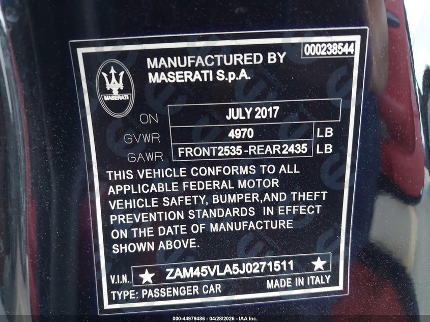 2018 Maserati Granturismo Mc/Sport VIN: ZAM45VLA5J0271511 Lot: 44979486