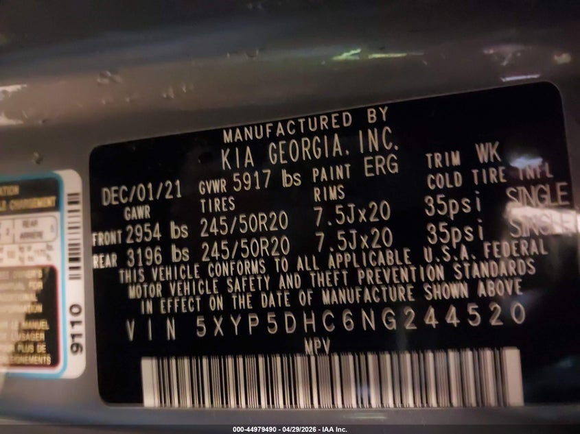 VIN 5XYP5DHC6NG244520 2022 KIA TELLURIDE SX
