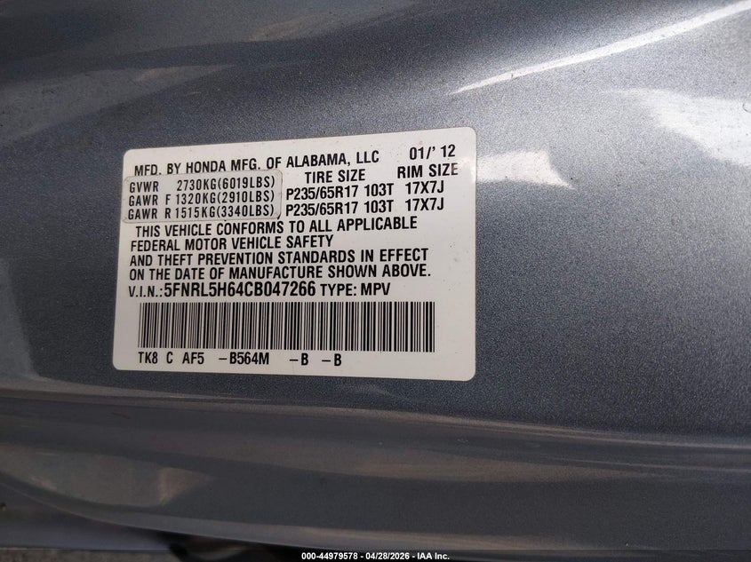 2012 Honda Odyssey 3.5 Ex-L blue Lot 111044979578 Vin 5FNRL5H64CB047266
